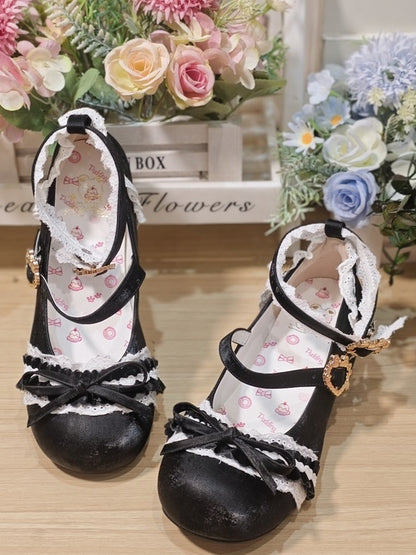 Bow Janes Romantic Low-heel Mary Black Heart PU Fastener Knot with in
