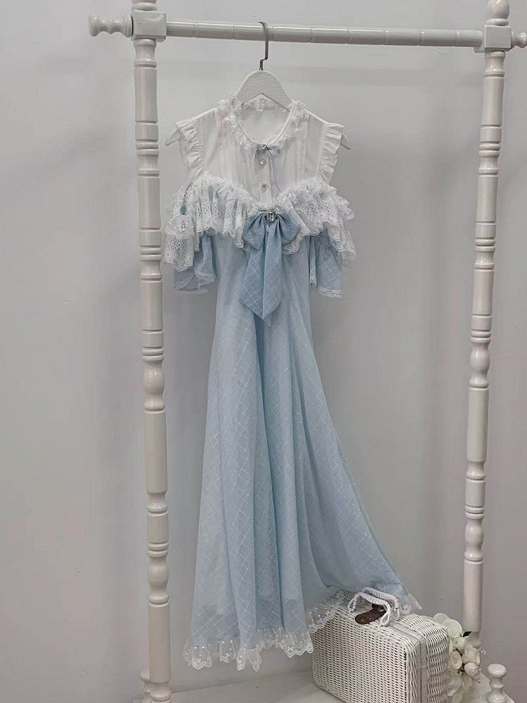 Blue Off-Shoulder Short Sleeve Chiffon Dress with Bow and Lace - Walnut JK