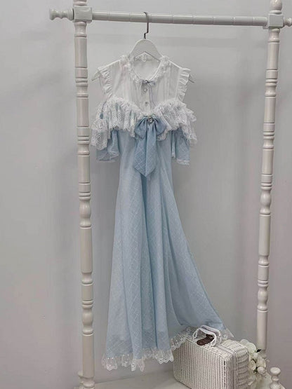 Blue Off-Shoulder Short Sleeve Chiffon Dress with Bow and Lace - Walnut JK