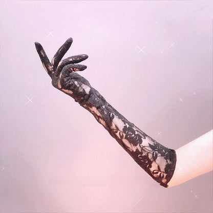 Black Details Gloves Lace Floral Long