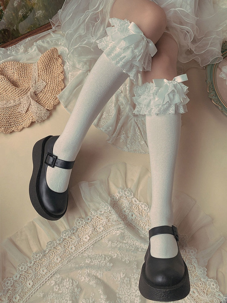 Multi-Layer Ruffle Bow Lolita Colors Lace 3 Socks Calf
