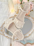 Mid-heel Ruffled Lolita Sandals Top Beige Elegant Bow Accent