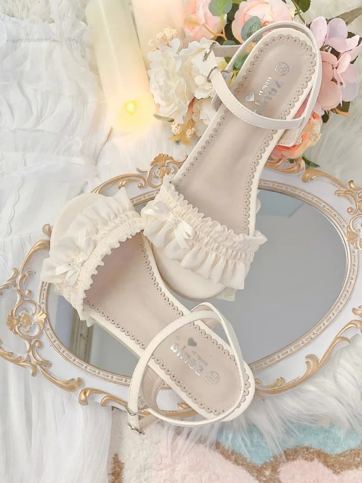 Mid-heel Ruffled Lolita Sandals Top Beige Elegant Bow Accent