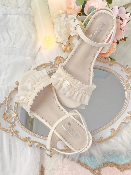 Mid-heel Ruffled Lolita Sandals Top Beige Elegant Bow Accent