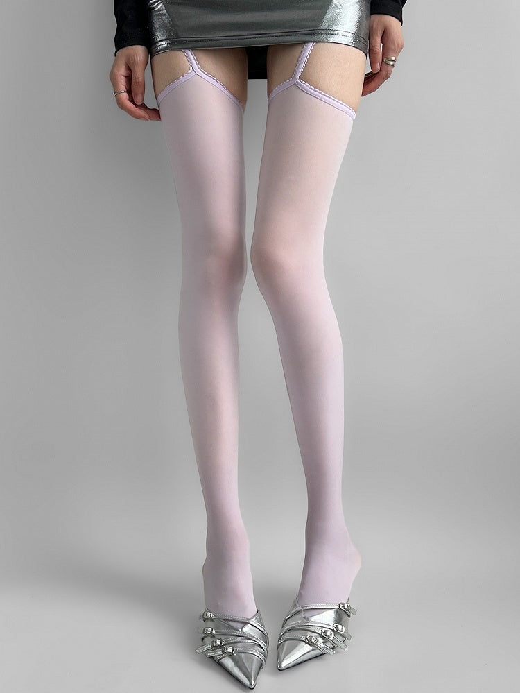 Strapsstrümpfe mit Spitzenbesatz in Weiß/Lila/Grau/Schwarz