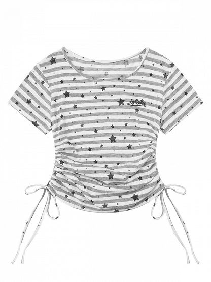 Gray Striped Star Pattern Tee with Drawstring - Languid Park