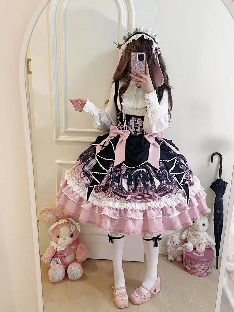 Süßes Lolita-Kleid mit Hasen- und Sargmotiv in Schwarz und Rosa
