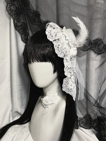 Gothic Lace Mini Hat with Feather Decor - Custom Made Earrings