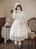 Blue and White Lolita OP Gown with Edward Collar, Sheer Lace and Ribbon Trims - Miss Cube Dressworks