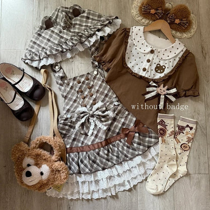 Brown Plaid Convertible Overalls Dress with Bear Hat - kukuwa