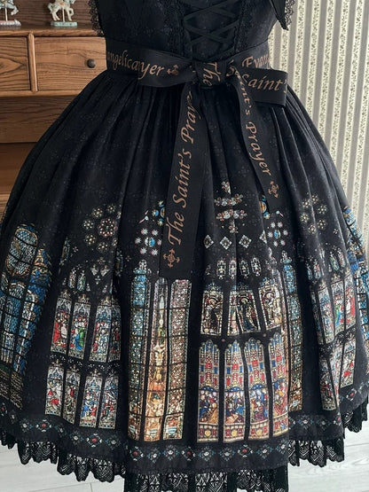 Print Window Church Short Stained Detachable Black Version Collar Dress Lolita with Gothic