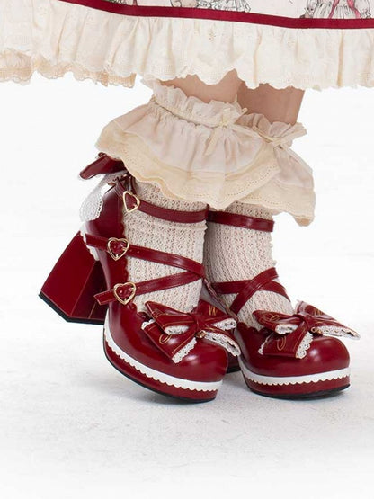 bei Crisscross Design Red Block High Abnehmbare Heels Herz Top Schleife Schnallen