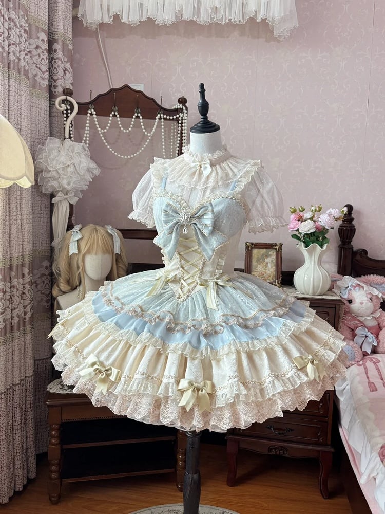JSK Details Tiered Sweetheart Neckline Lolita Dress Skirt Bowknot Blue Sweet Beige
