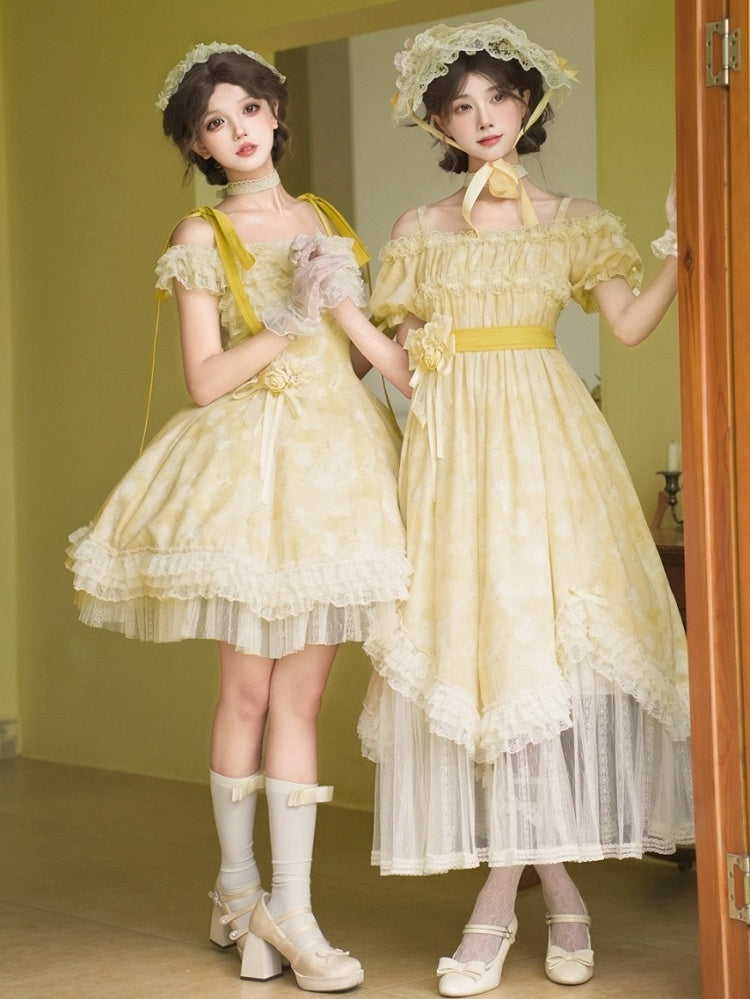 Butterfly Print Light Yellow Off-Shoulder Lolita OP Dress with Detachable Shoulder Straps - With PUJI