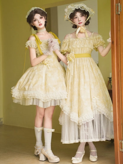 Butterfly Print Light Yellow Off-Shoulder Lolita OP Dress with Detachable Shoulder Straps - With PUJI