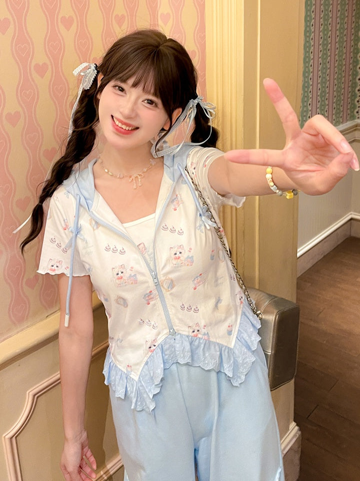 ジップアップフード付きキュートなキティプリントカーブヘムレースブルートリムTシャツ