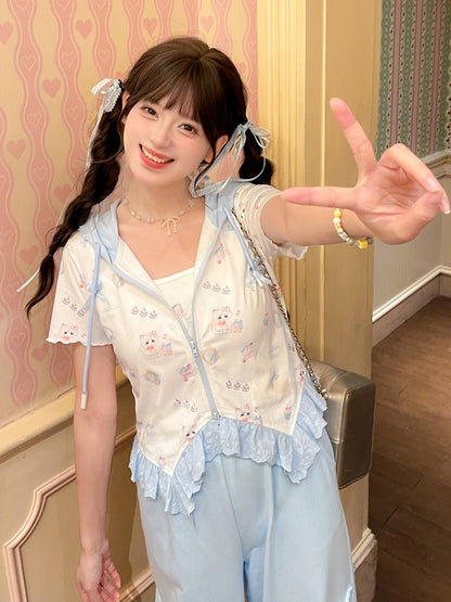 ジップアップフード付きキュートなキティプリントカーブヘムレースブルートリムTシャツ