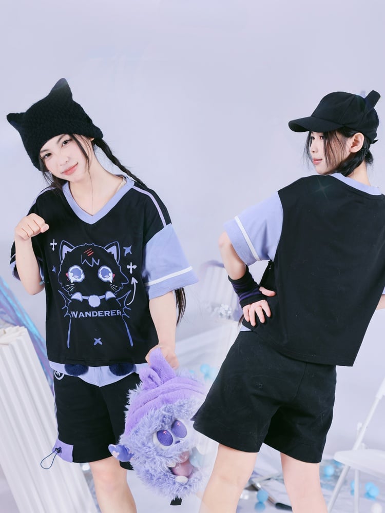 ワンダラーファンアート ブラック キュート キティプリント Vネック Tシャツ