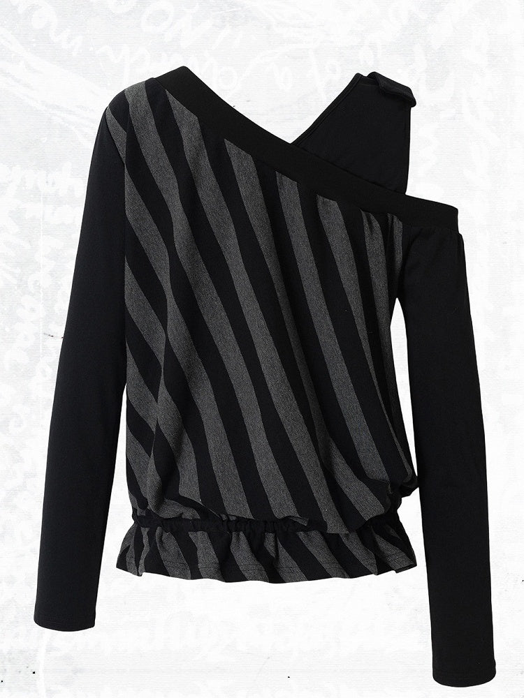 Black & Grey Striped Asymmetric Shoulder Long Sleeve Top with Letter Print & Drawstring Hem, Faux Two-Piece Punk Casual - NO ROMANCE
