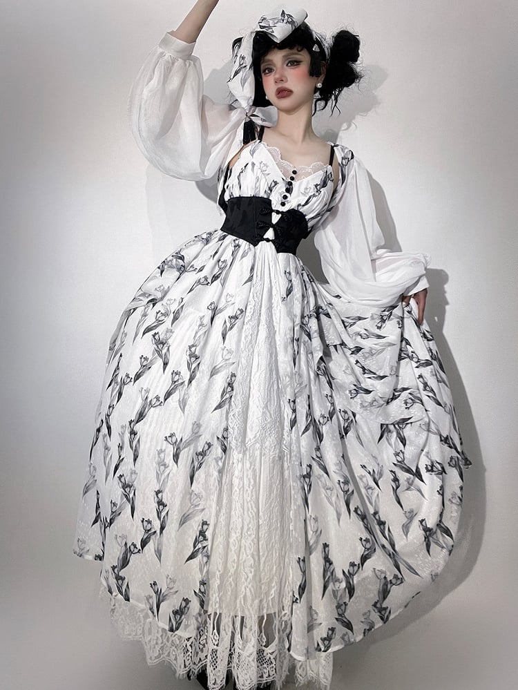 Tulip Dress+Cropped Set Top+Corset Lolita Black Elegant Classic Belt+Hairrband Full Pattern White