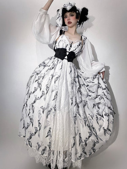 Tulip Dress+Cropped Set Top+Corset Lolita Black Elegant Classic Belt+Hairrband Full Pattern White