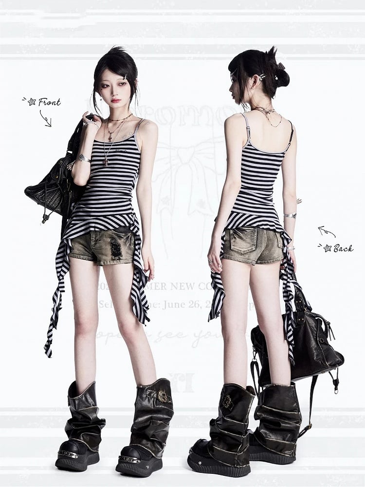 Vintage Black  Grey Stripes Cascading Ruffle Accents Cami Top