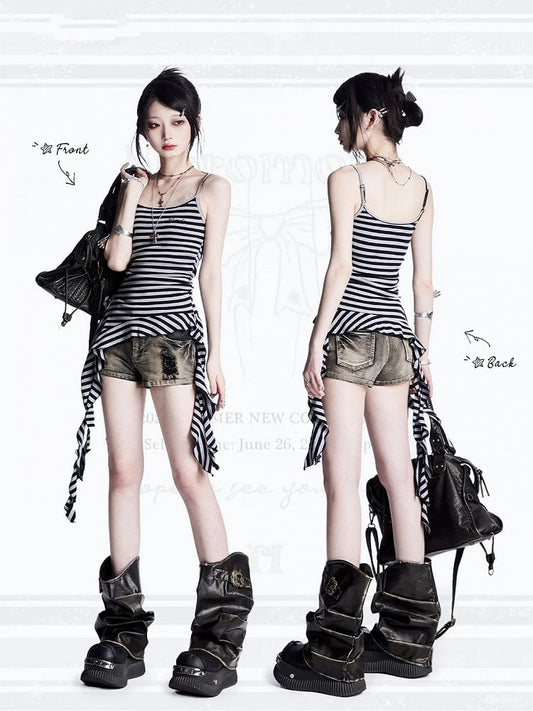 ヴィンテージ ブラック グレー ストライプ カスケード ラッフル アクセント キャミソール トップス