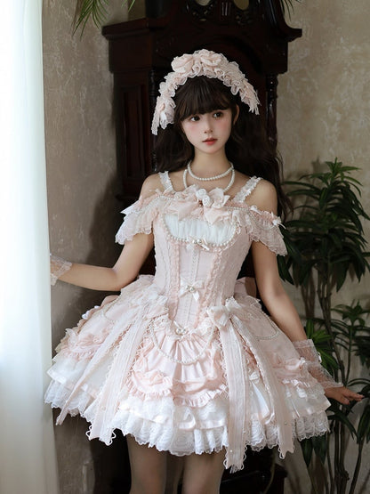Accents Bead Lolita with and Dress Corset Balletcore Bow Chains Pink Princess