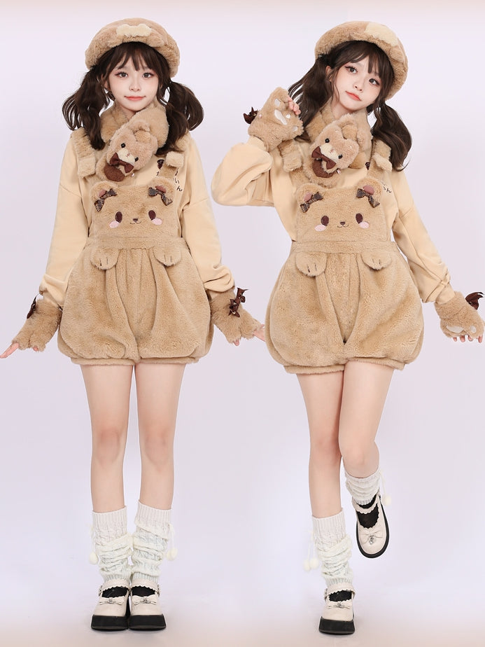 Kaffeefarbene, süße Teddybär-Kurzoverall-Shorts mit Schleifendetails