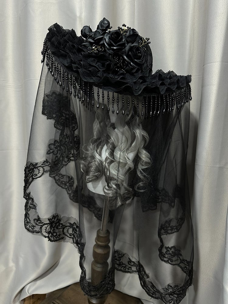 Black Gothic Lace Hat with Floral Tassel - Custom Made Earrings