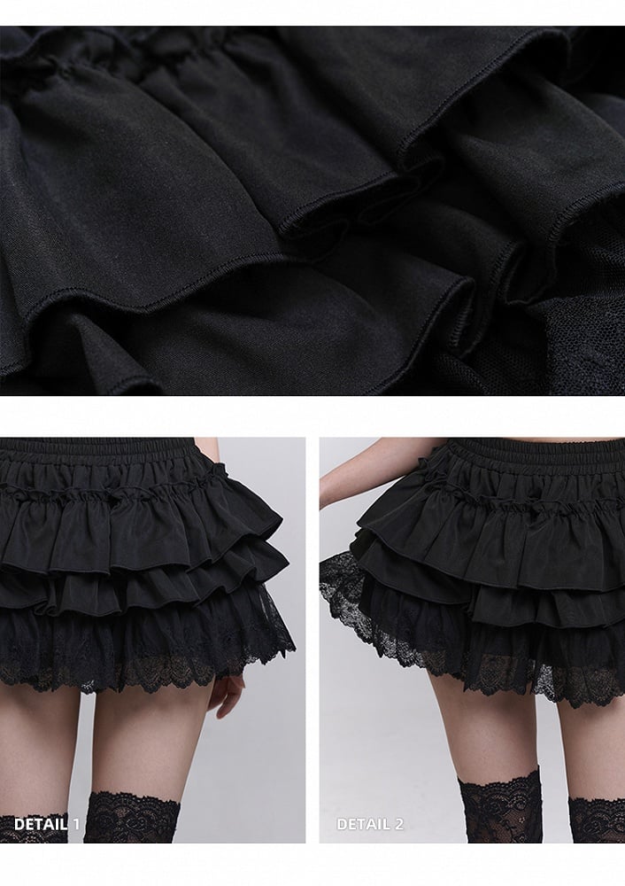 Bloomers Schwarz Elastische Taille Spitzenbesatz Mini Stufenrock Futter