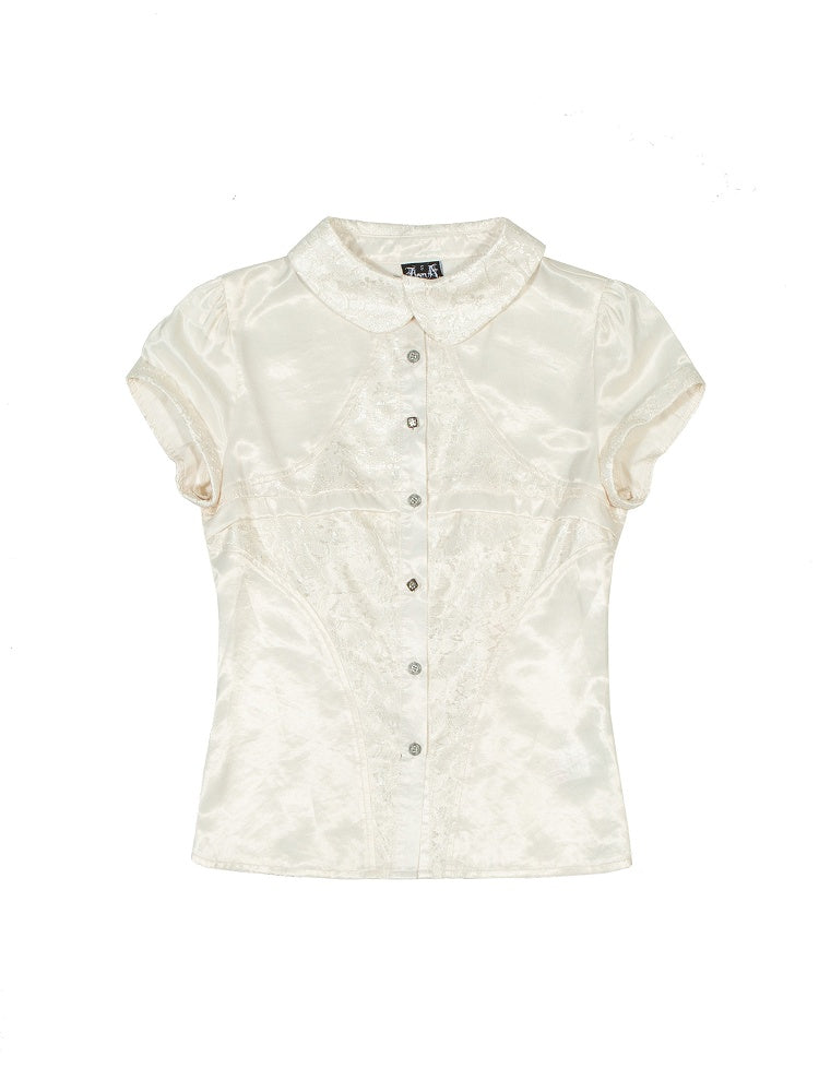 Back Pan Blouse Apricot Crisscross Gothic Peter Punk Collar Satin with Ties