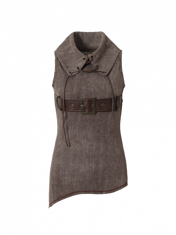 Knit Studded Grey Lace-ups Belt Top Brown Tank Light Punk Buckle with Crisscross