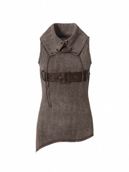 Knit Studded Grey Lace-ups Belt Top Brown Tank Light Punk Buckle with Crisscross