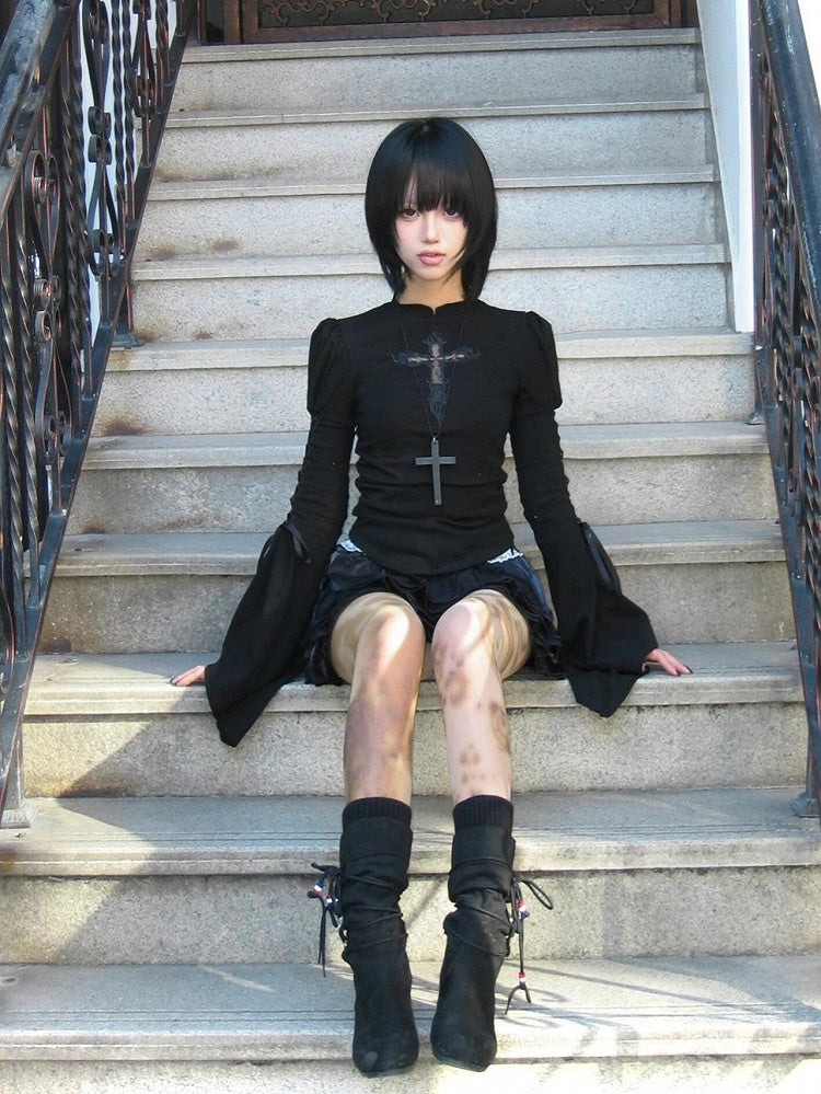 Embroidered Applique Side Top Lace-up with Bell Cross Black Sleeves