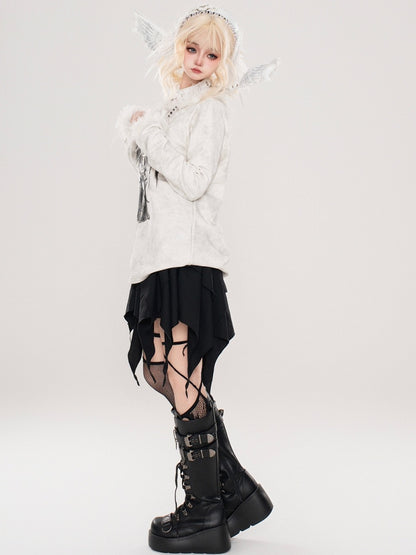 Punk Milk White Angel Asymmetrischer Ausschnitt Langarm Top Plüschbesatz