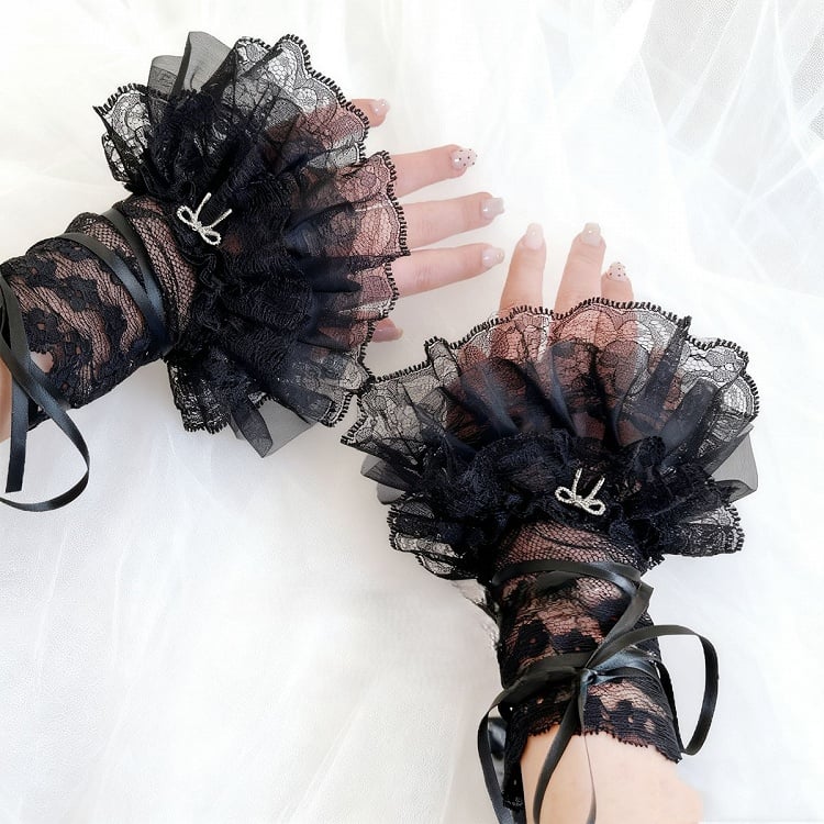 Cuffs Black/White with Layers Gothic Accents Bow Lace Wrist
