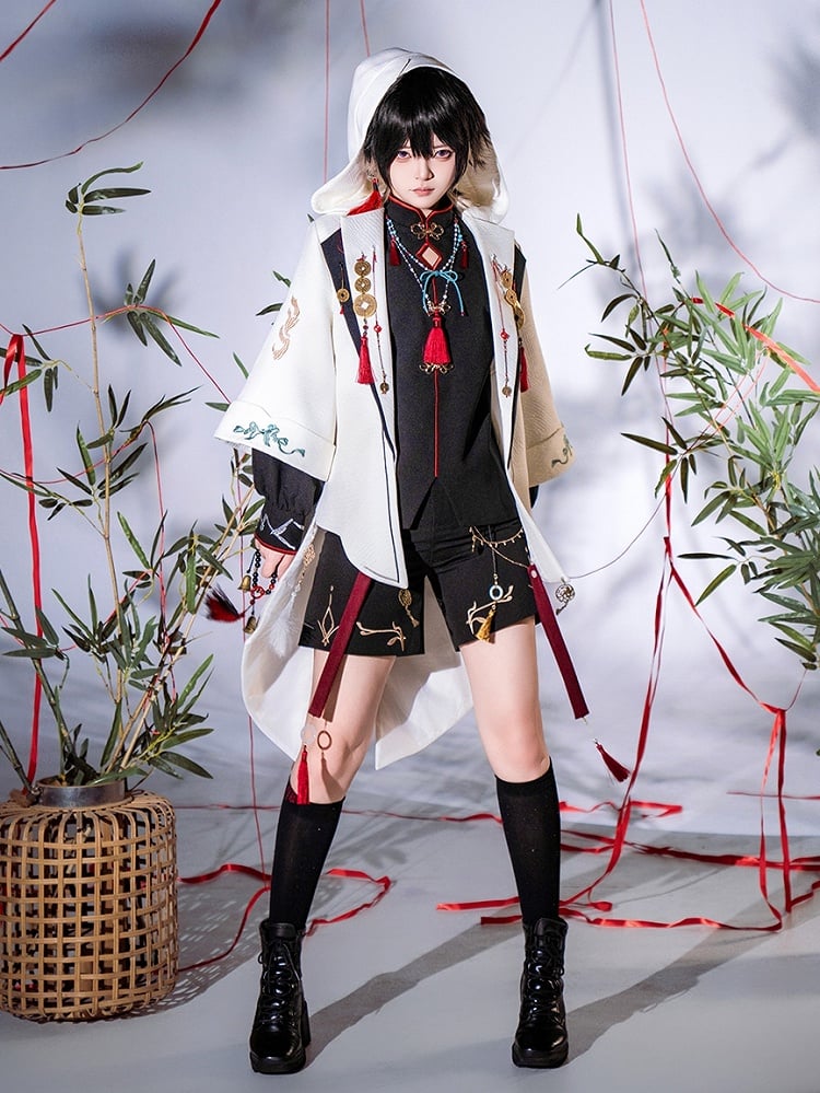 Chinoiserie Fashion Style Black Ouji Banded Frog Collar Button Top