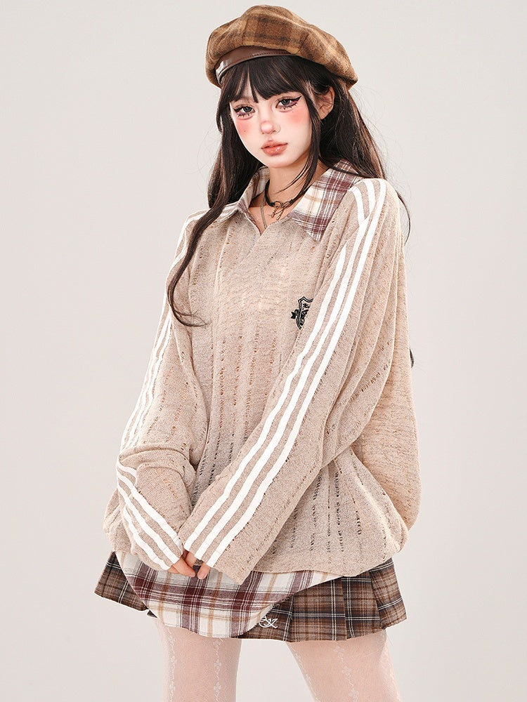 Coffee/White Polo Collar Hollowed-out Semi-sheer Loose Knit Top