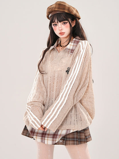 Kaffee/Weißes, halbtransparentes, lockeres Strickoberteil mit Polokragen und ausgehöhltem Kragen