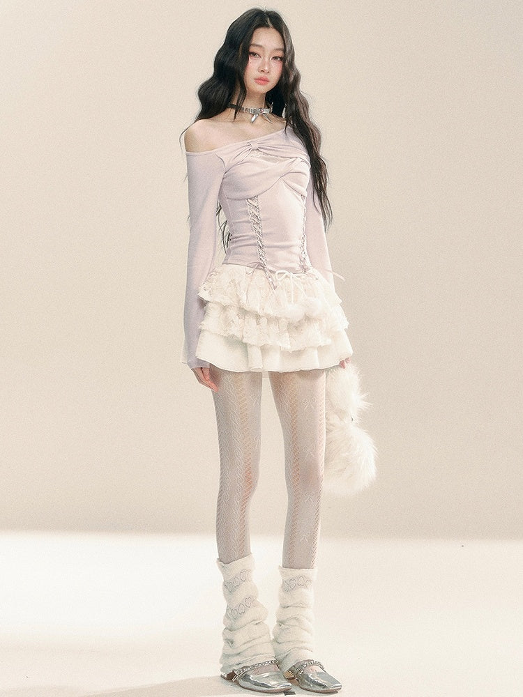 ライトパープルのカットアウトデザイン レースアップ ニットトップス