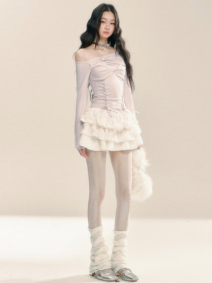 ライトパープルのカットアウトデザイン レースアップ ニットトップス