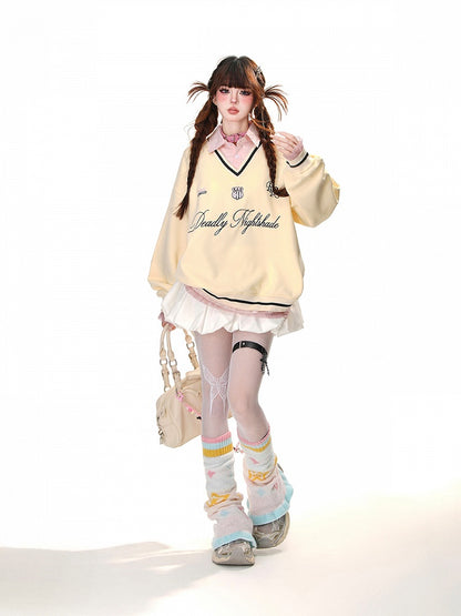 Aprikose/Pink Polokragen Buchstabenstickerei Frühlings-Sweatshirt Kunst-Zweiteiler