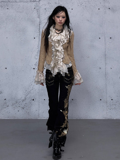 Ruffled Cuffs Khaki Top Bell Sleeve with Jabot Flounced Long