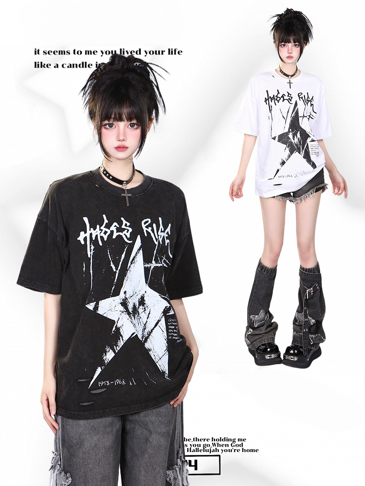 Black/White Vintage Washed Oversized Star Print T-Shirt