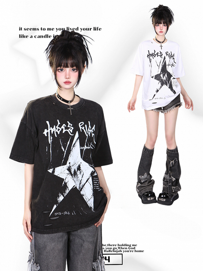 Black/White Vintage Washed Oversized Star Print T-Shirt