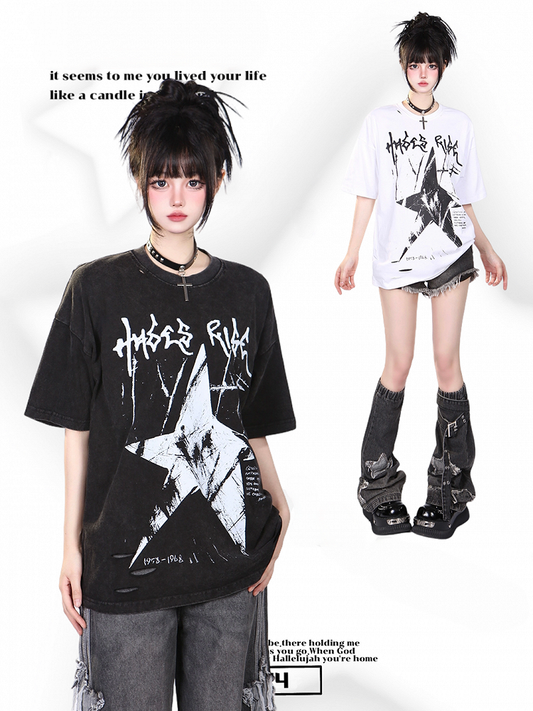 Black/White Vintage Washed Oversized Star Print T-Shirt