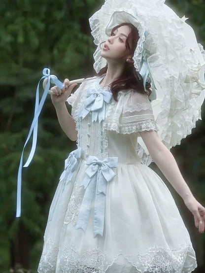 White Flutter Sleeve Lolita Dress with Bows and Scallop Trim