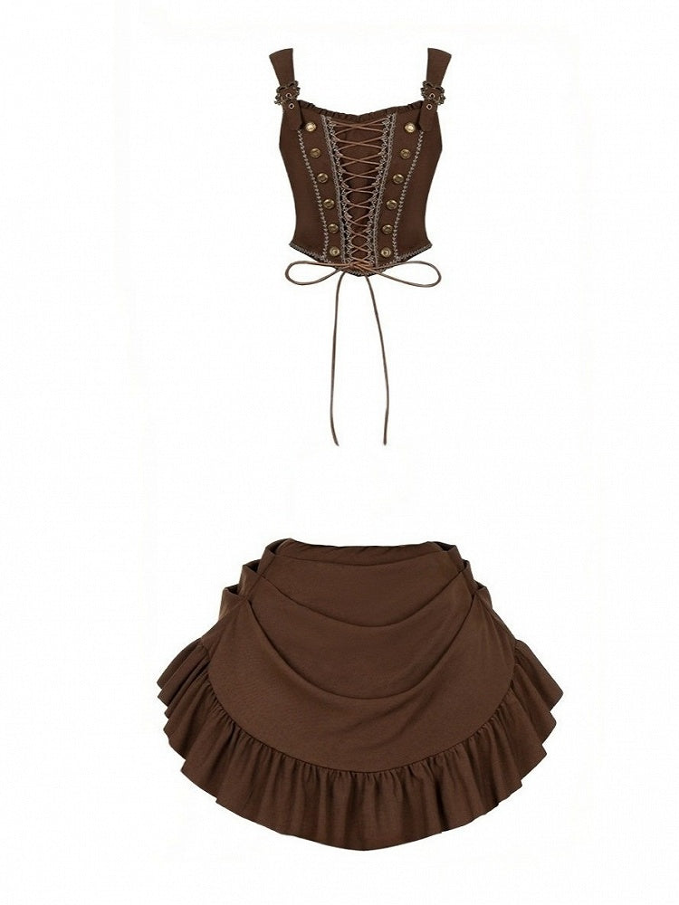 Brown Adjustable Lace-Up Lolita Corset with Ruffle 2-Way Overlay - With PUJI