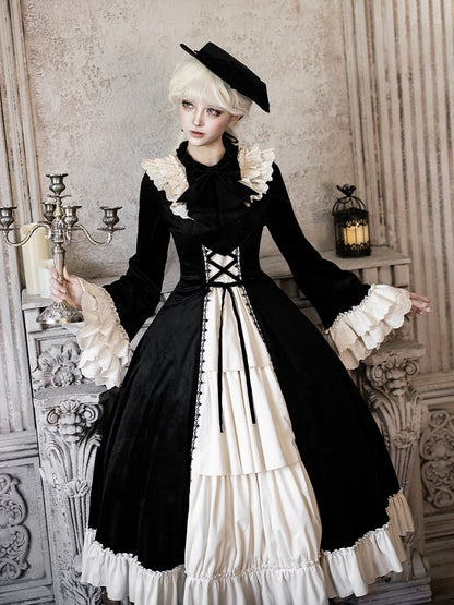 Eyelet Lolita Neckline Trims Ruffle Velvet Scalloped Black Beige Winter Dress with